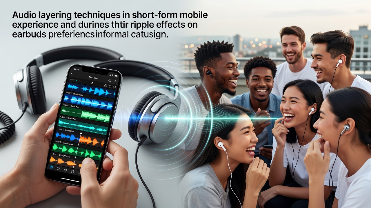 Illustration of audio layering techniques applied to short-form mobile video content with multiple sound tracks
