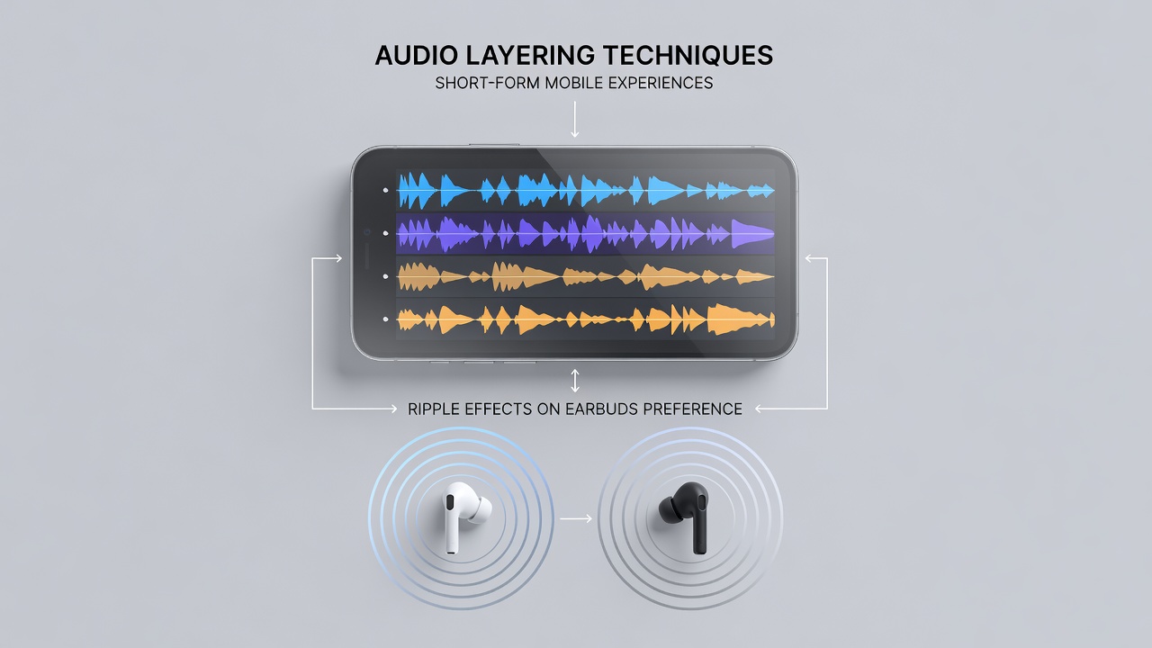 Group of people at an informal gathering sharing mobile content through earbuds with layered audio playing