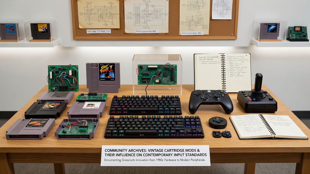 Archivists cataloging modified vintage game cartridges alongside early prototype controllers in a preservation facility