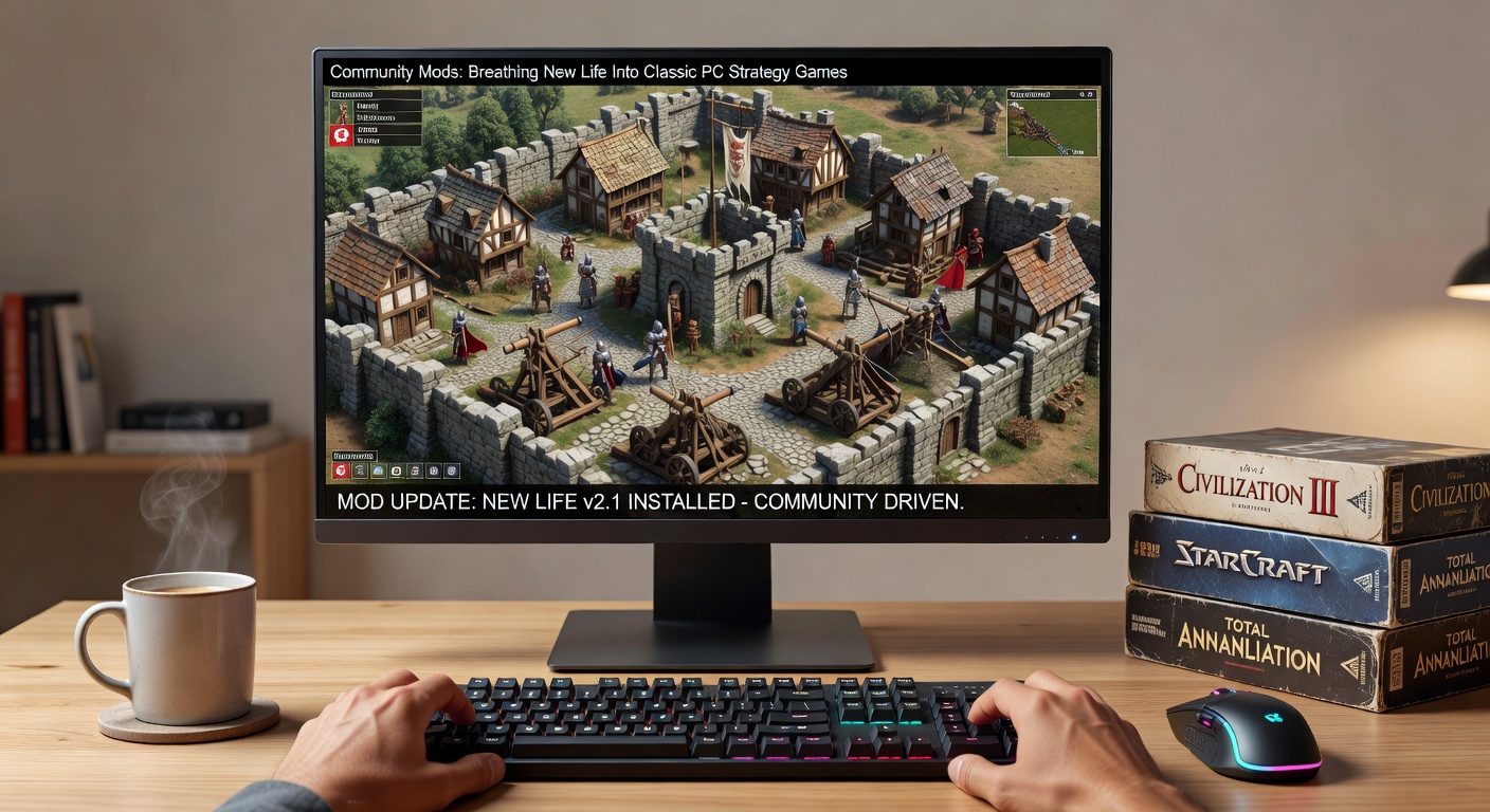 Community members collaborating on strategy game modifications in a dedicated workspace filled with multiple monitors displaying classic PC titles