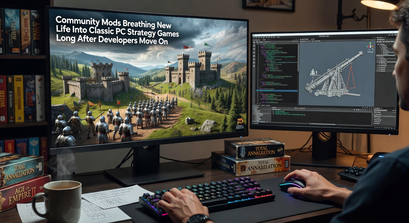 Detailed view of a strategy game map being edited through community software tools with layered UI elements and historical reference materials visible