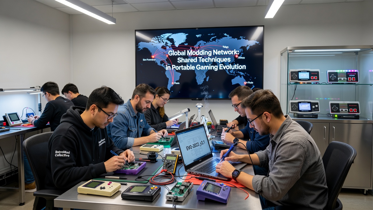 Digital artifact collectors examining modified portable gaming peripherals in an international workshop setting