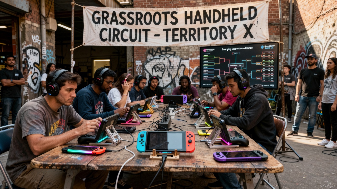 Handheld gaming devices displayed at a grassroots tournament setup in an emerging market region with custom accessories visible