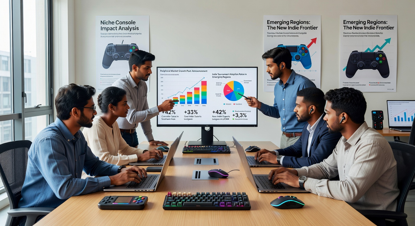 Niche console announcement display alongside peripheral devices in an emerging market tournament setting
