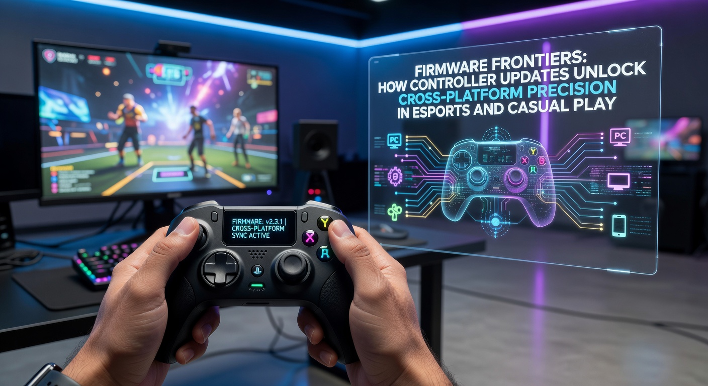 A close-up of a gaming controller connected to a PC, with firmware update software visible on the screen, highlighting precision tuning options