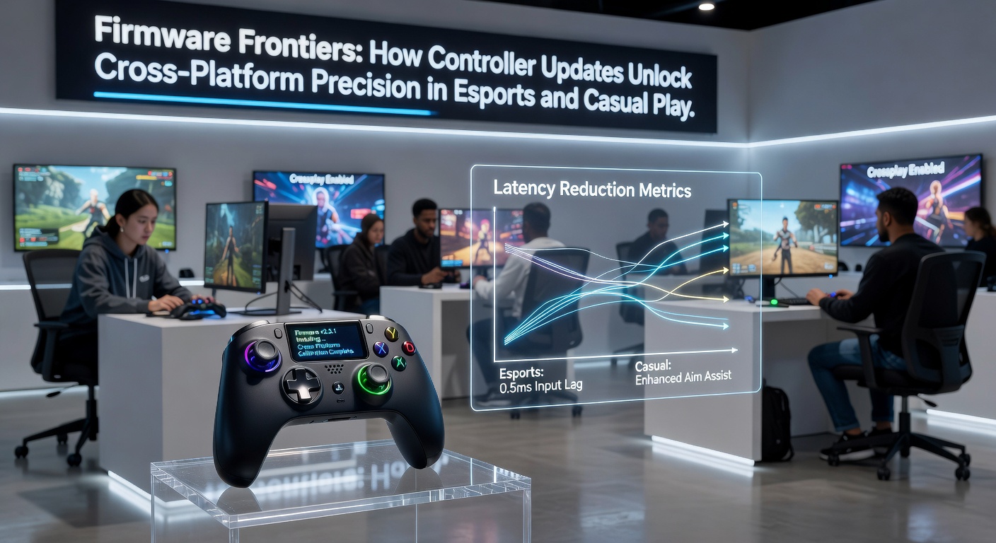 Esports player mid-match, controller glowing with update indicators, surrounded by dual monitors displaying cross-platform stats