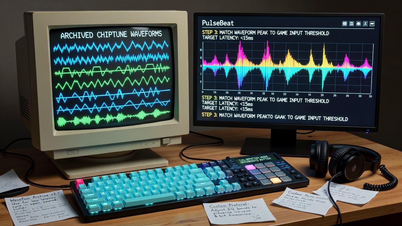 Technicians adjusting audio interfaces using chiptune waveform references at a rhythm game event