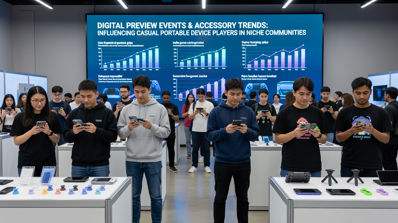 Casual players testing new portable accessories following a digital preview demonstration