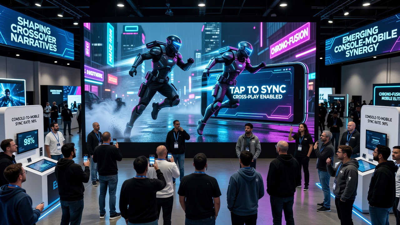Developers presenting crossover game trailers at a major expo