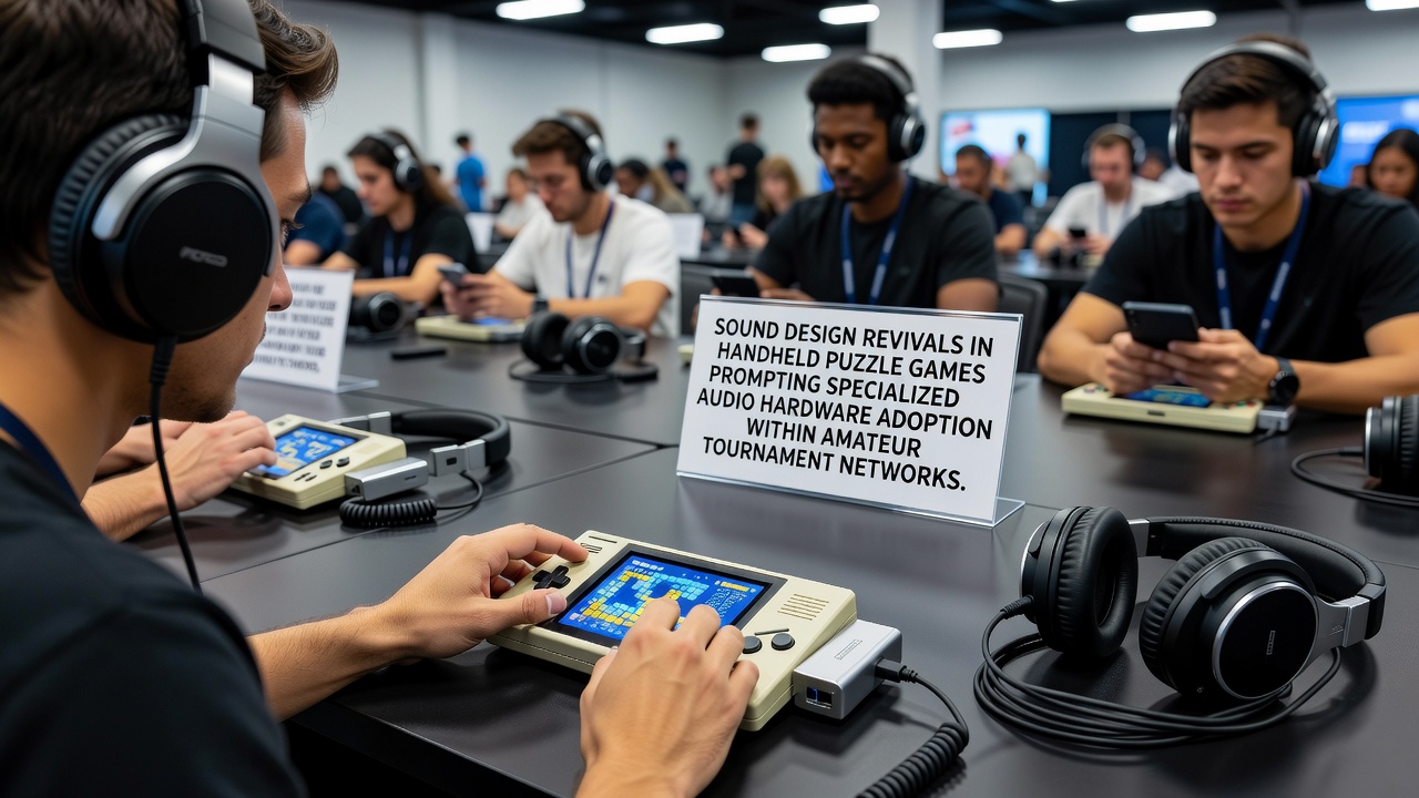 Handheld puzzle game tournament setup with players using specialized audio equipment