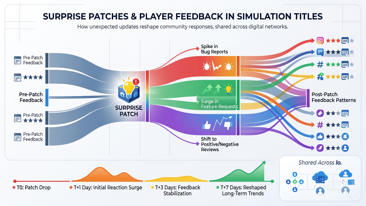 Simulation game players reviewing patch notes and performance data together at a meetup table