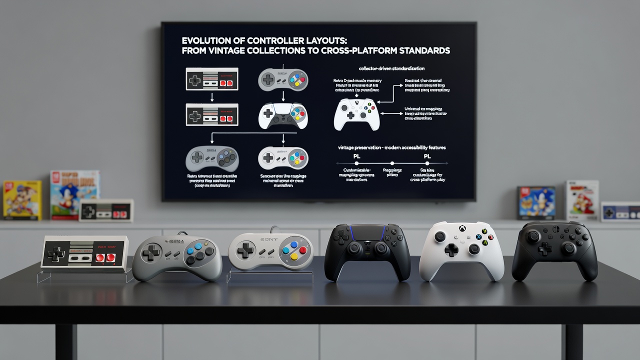 Side-by-side comparison of vintage and modern controllers highlighting shared layout elements for cross-platform compatibility