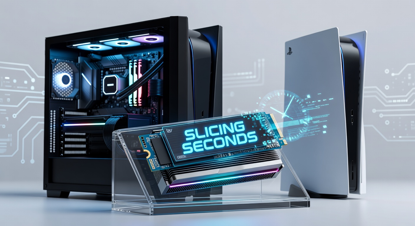 A high-speed NVMe SSD installed in a gaming PC motherboard, showcasing blazing data transfer rates that cut load times dramatically