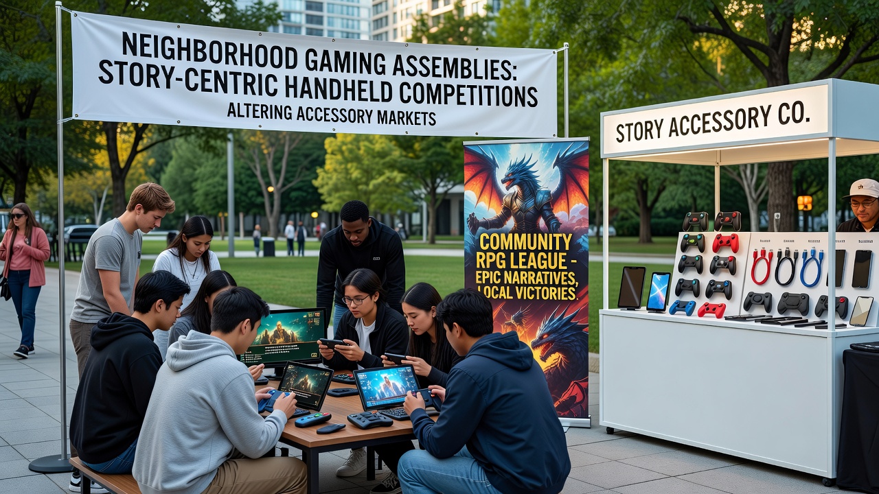 Neighborhood gaming assembly participants engaging with story-centric handheld devices and custom accessories during a local competition