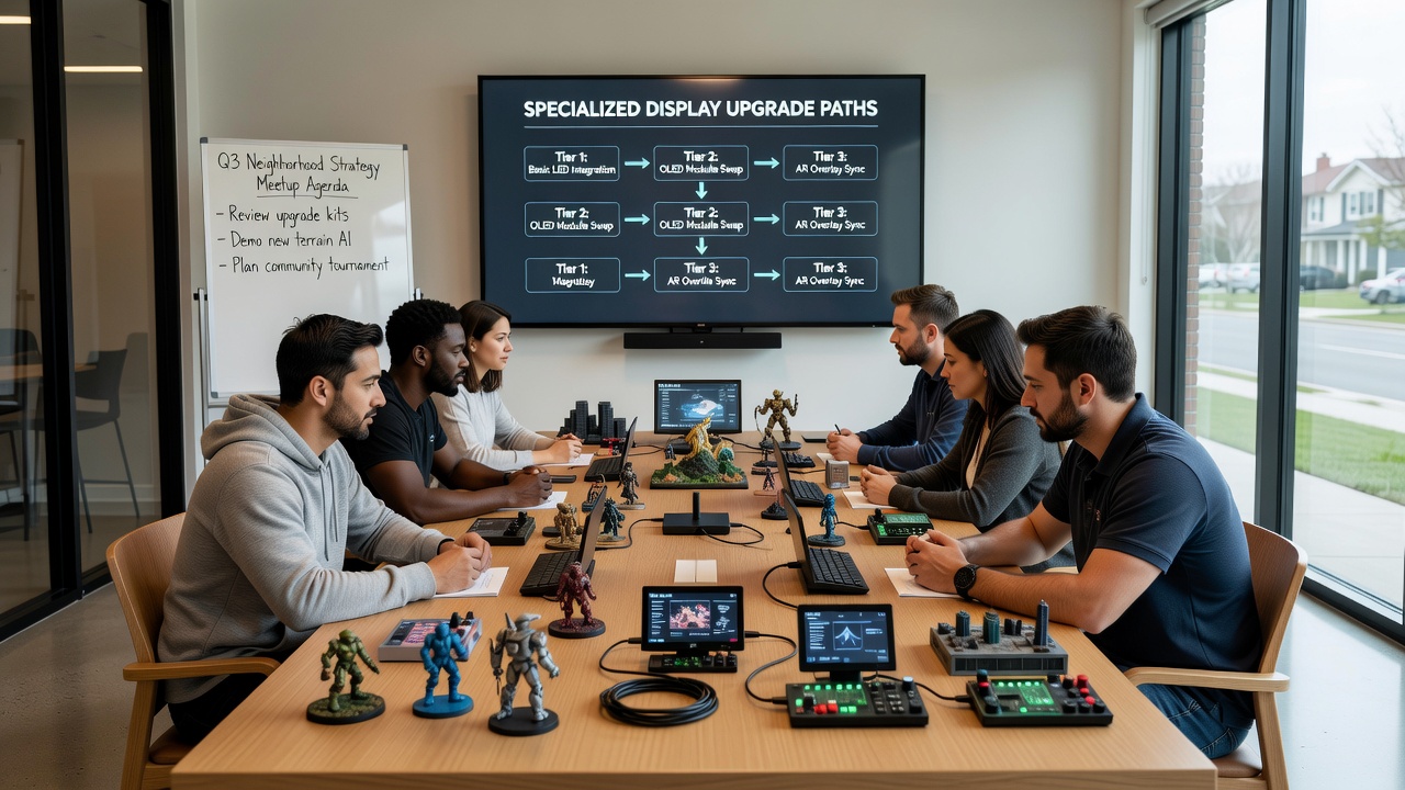 Close-up of high-resolution strategy game displays being tested during a rural enthusiast gathering