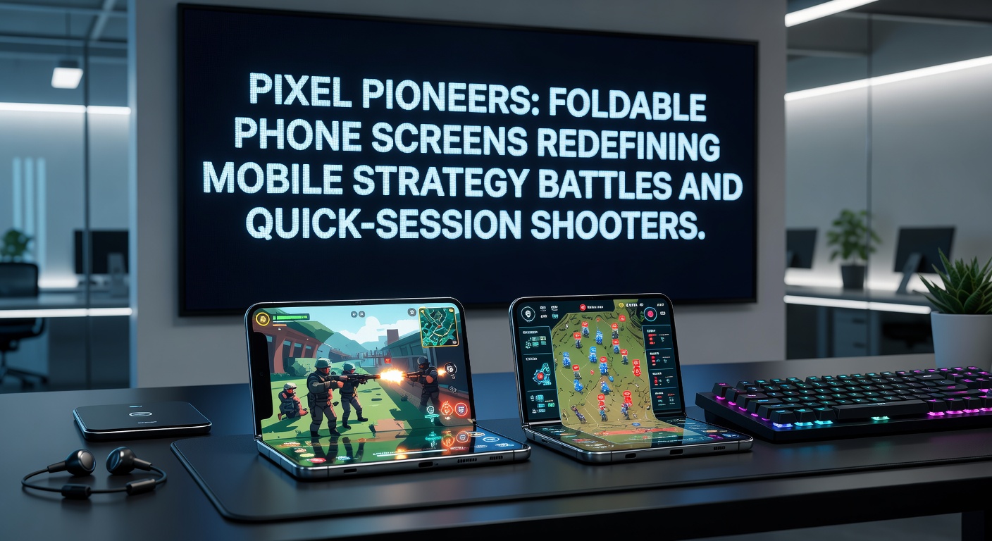A sleek foldable smartphone unfolded displaying a vibrant strategy game battle with detailed unit formations and expansive maps