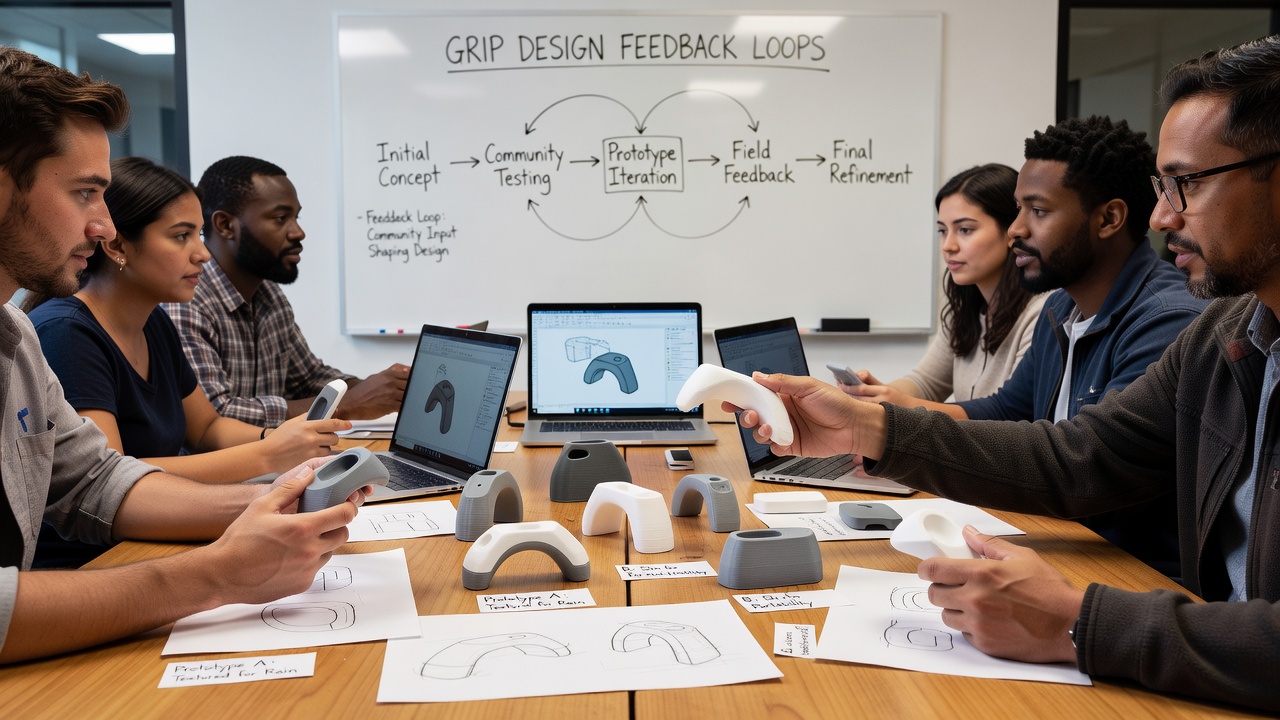 Participants at a preview gathering testing compact device grips during a feedback session in a remote community setting
