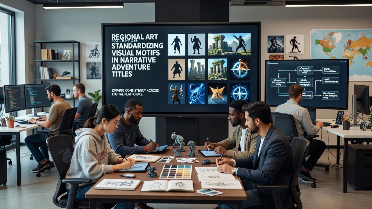 Regional artist collectives collaborating on visual motifs for narrative adventure games displayed across multiple digital platforms