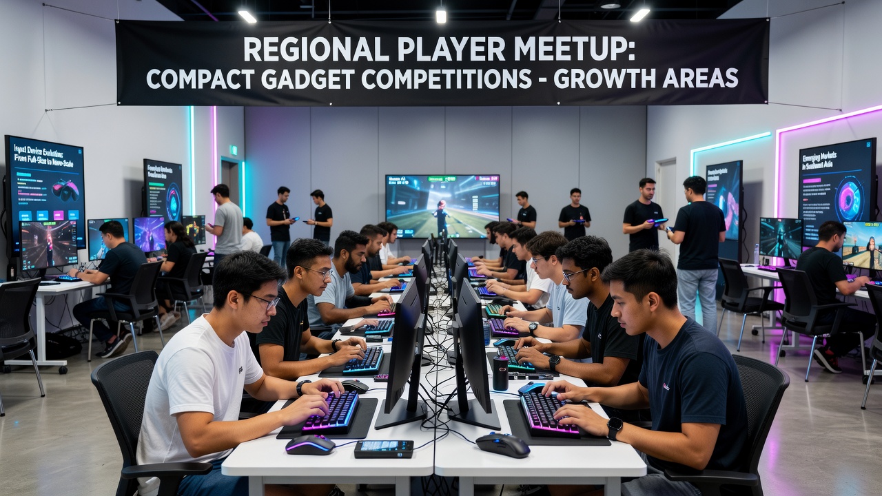 Compact gadget competition setup showing altered input devices and regional players discussing norms at a meetup