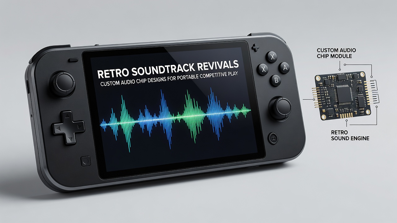 Engineers testing portable devices equipped with custom audio chips during a competitive retro gaming session