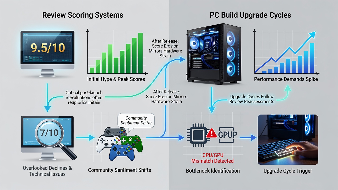 Timeline graphic linking console announcement dates with review score trends and PC hardware sales data