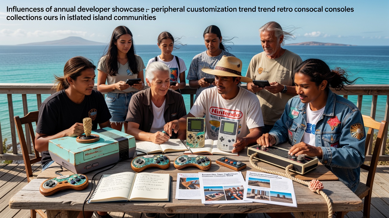 Retro console collectors examining customized peripherals at an island community event