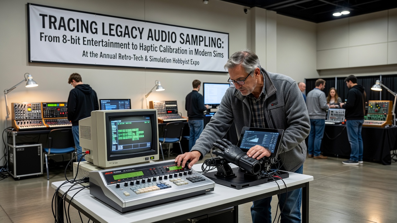Vintage audio sampling equipment from early digital entertainment systems displayed alongside modern haptic calibration tools at a hobbyist simulation event