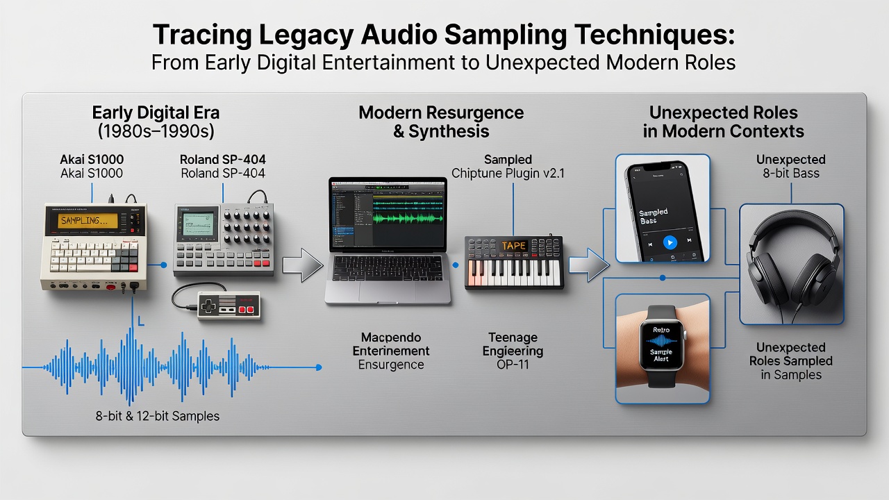 Hobbyists at a specialized gathering calibrating haptic devices using archived audio sampling data from vintage digital entertainment systems