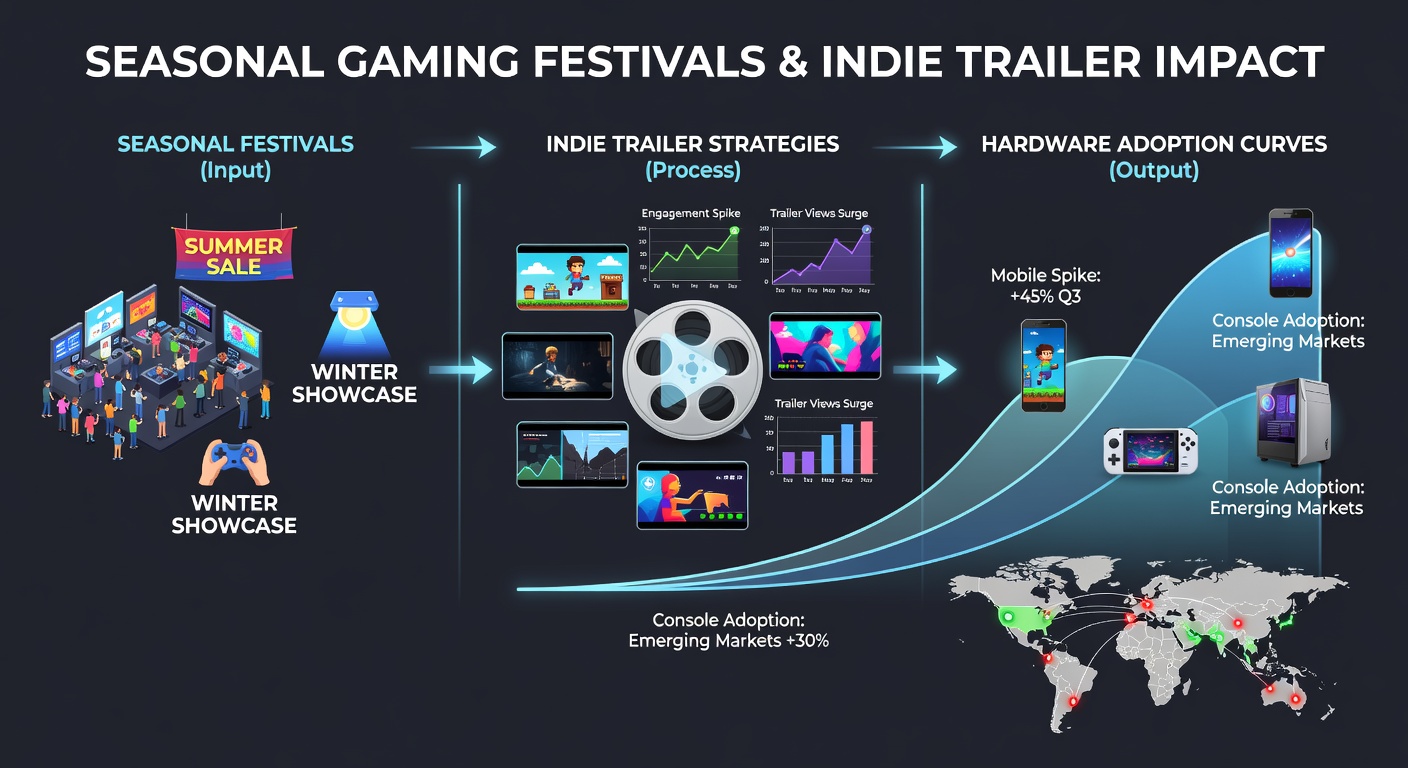 Indie game developers analyzing trailer performance metrics during seasonal gaming festivals in emerging markets