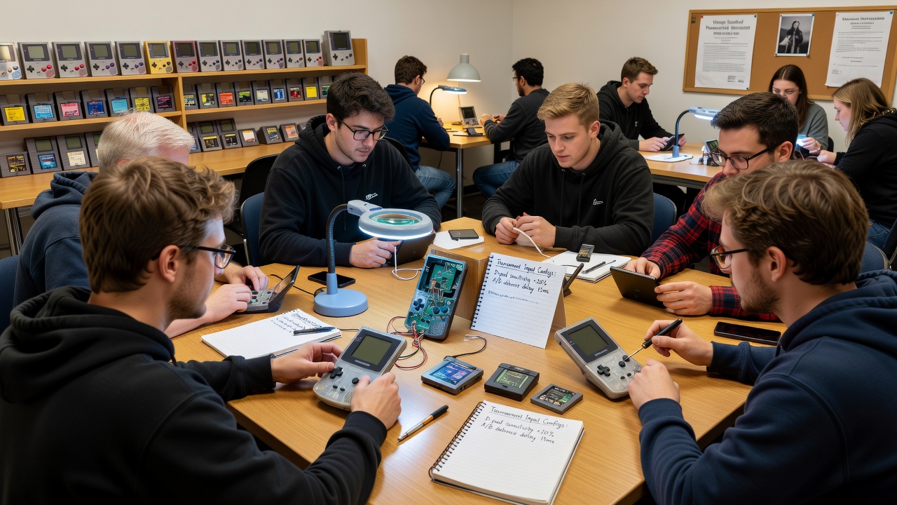 Organizers reviewing vintage input diagrams alongside modern handheld devices at a regional tournament preparation meeting
