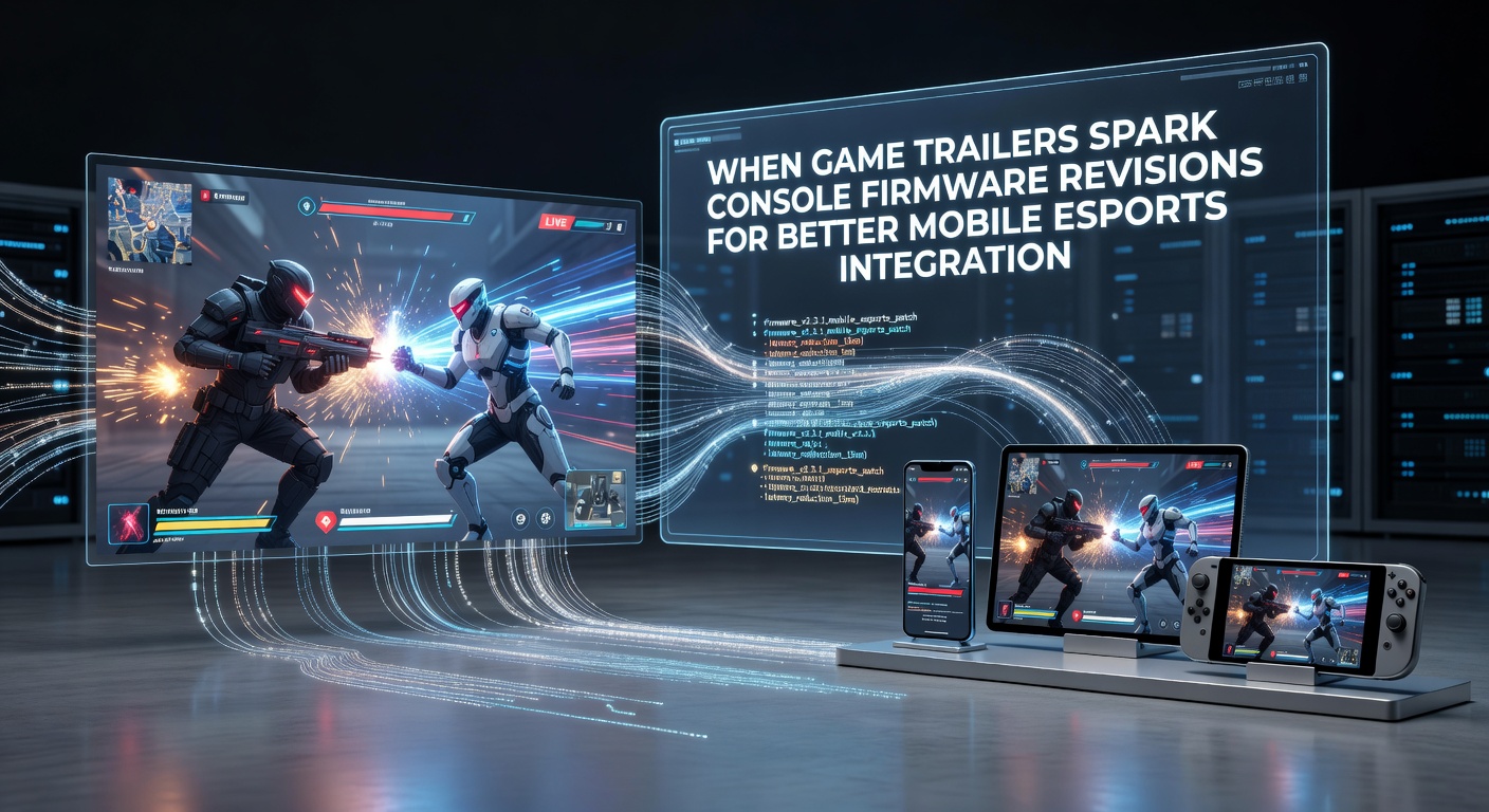Console firmware update interface displayed alongside a mobile esports game trailer preview showing cross-platform integration features