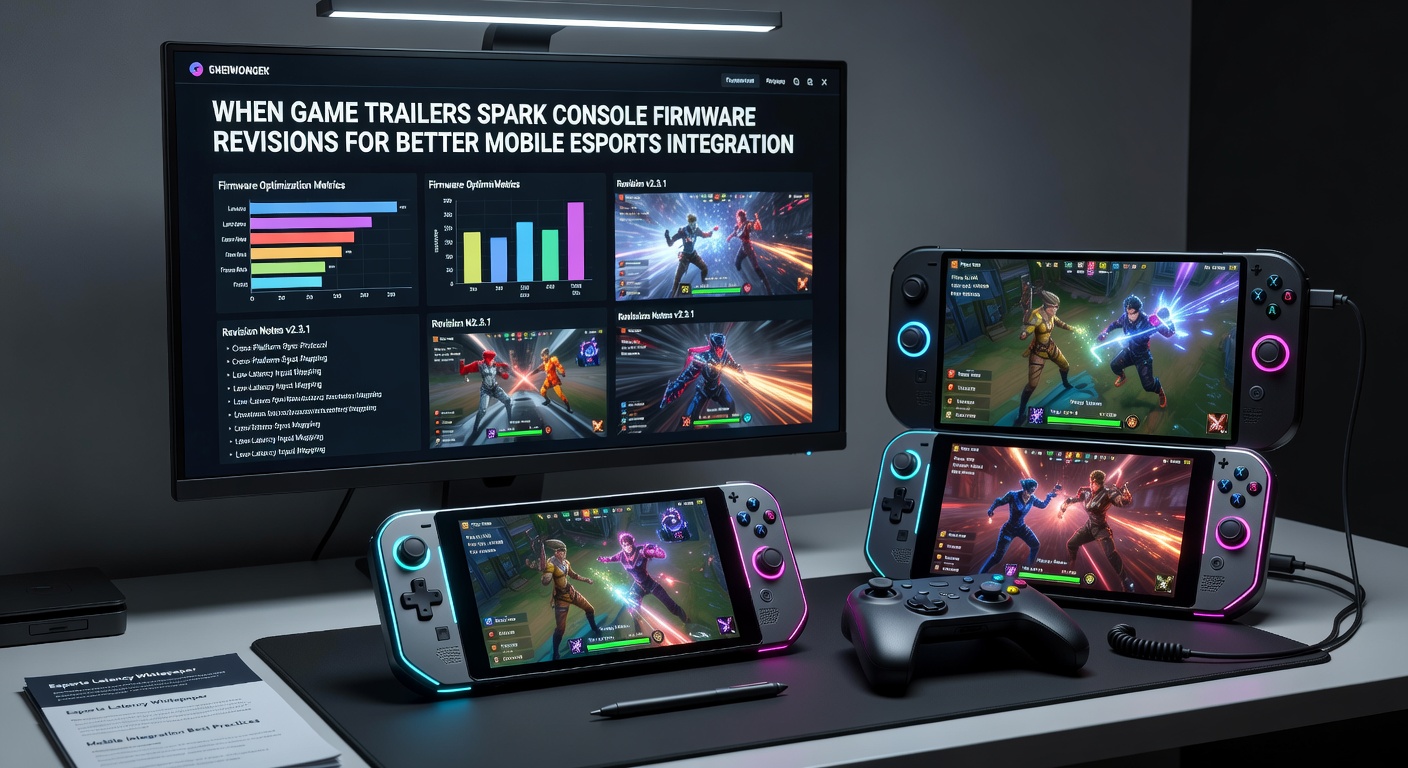 Mobile player competing in an esports tournament while connected to a console setup with updated firmware indicators visible on screen